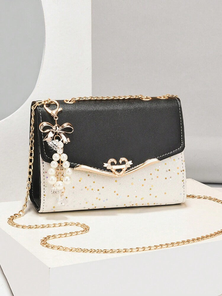 Women's Bow Faux Pearl Decor Square Bag Flap Chain PU Student Mini Crossbody Shoulder Bag Elegant Fashion Gift For Mom Girls