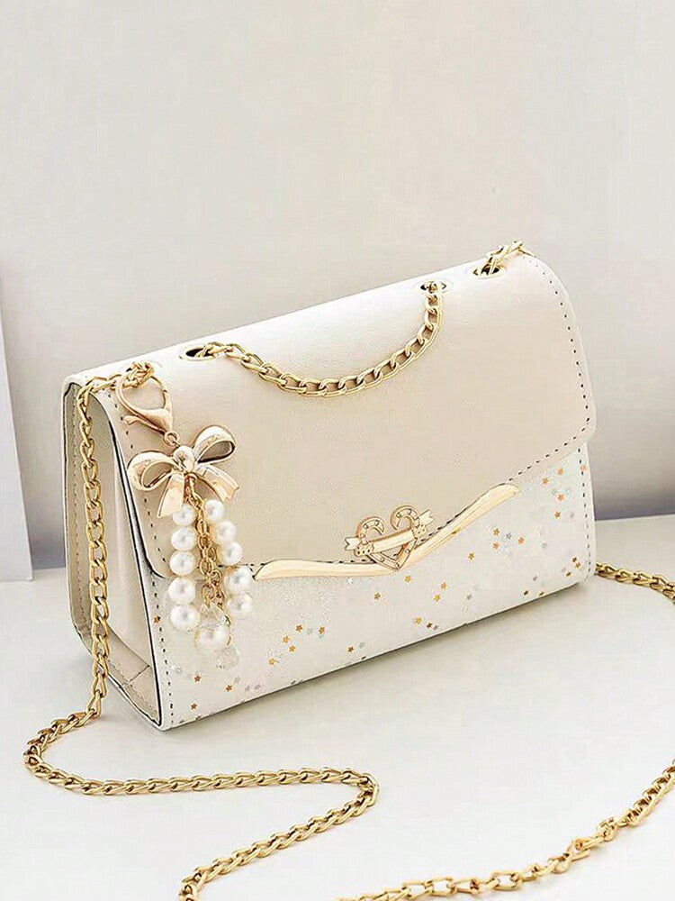 Women's Bow Faux Pearl Decor Square Bag Flap Chain PU Student Mini Crossbody Shoulder Bag Elegant Fashion Gift For Mom Girls