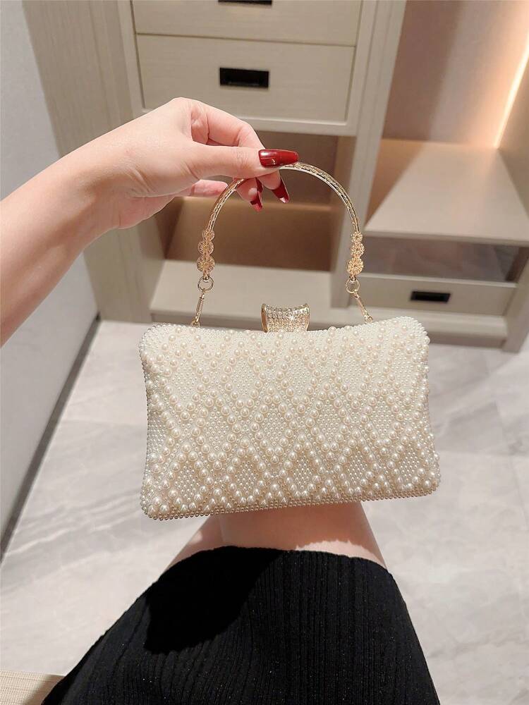 Women's Faux Pearl Box Clutch Evening Bag Romantic Wedding Bridal Dance Prom Party Bag Elegant Formal Chain Handbag For Ladies