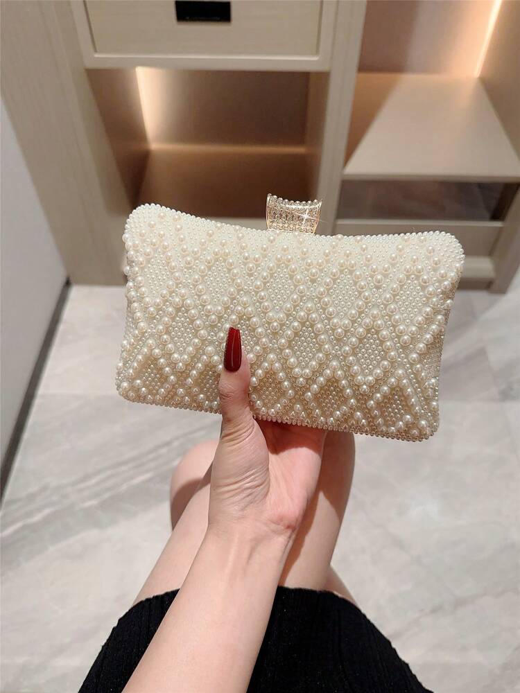 Women's Faux Pearl Box Clutch Evening Bag Romantic Wedding Bridal Dance Prom Party Bag Elegant Formal Chain Handbag For Ladies