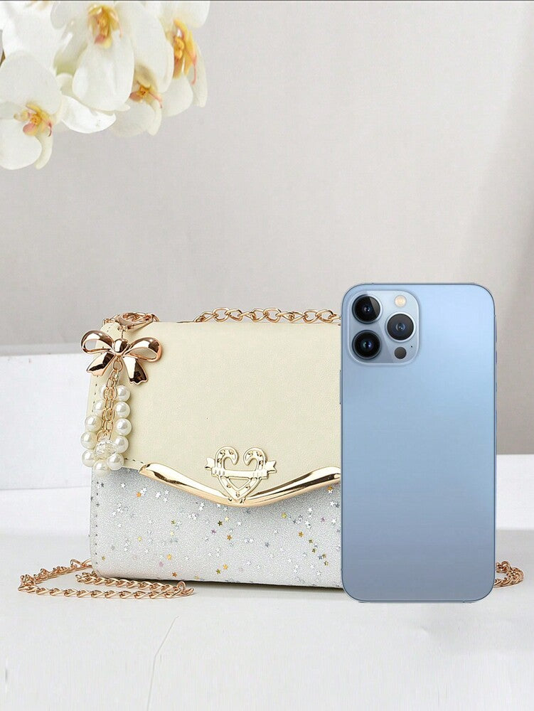 Women's Bow Faux Pearl Decor Square Bag Flap Chain PU Student Mini Crossbody Shoulder Bag Elegant Fashion Gift For Mom Girls