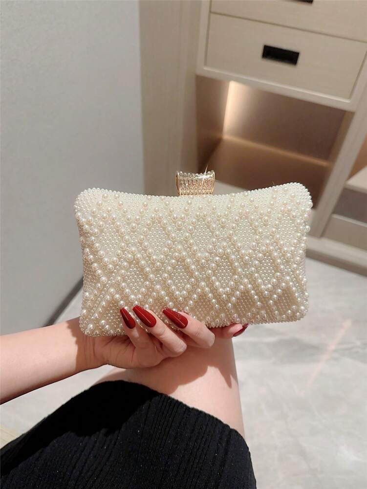Women's Faux Pearl Box Clutch Evening Bag Romantic Wedding Bridal Dance Prom Party Bag Elegant Formal Chain Handbag For Ladies