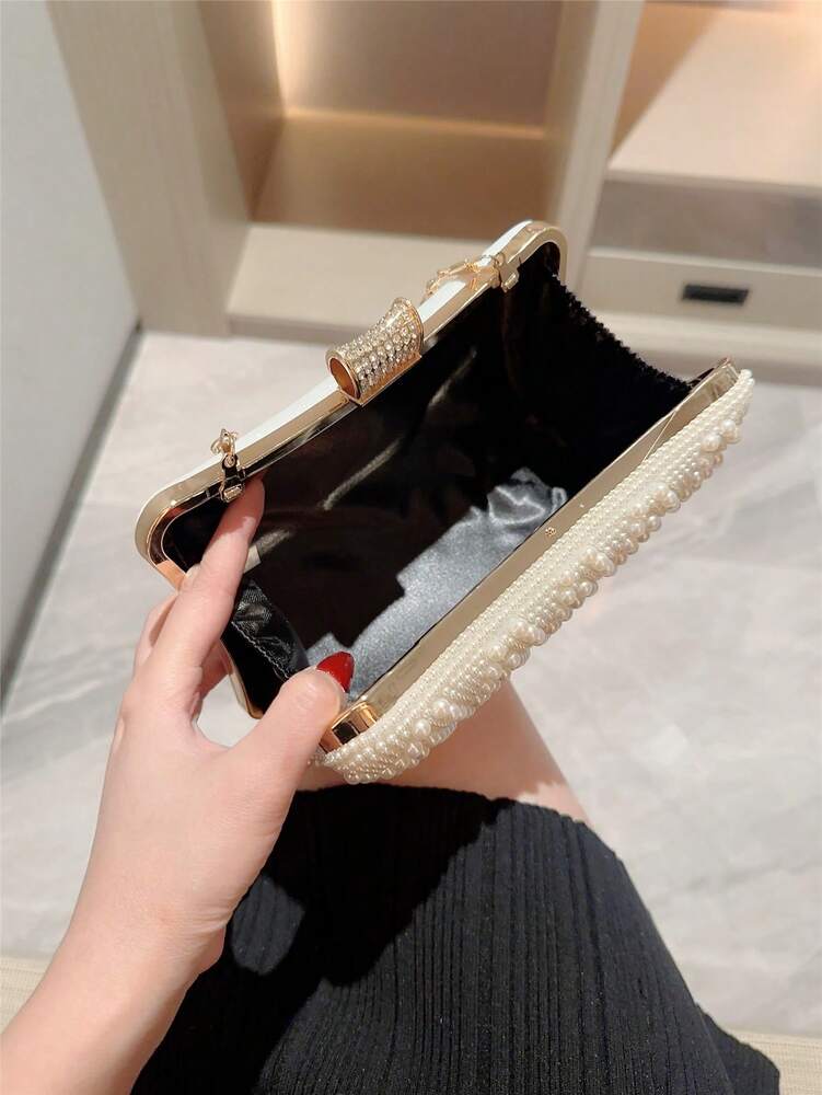 Women's Faux Pearl Box Clutch Evening Bag Romantic Wedding Bridal Dance Prom Party Bag Elegant Formal Chain Handbag For Ladies