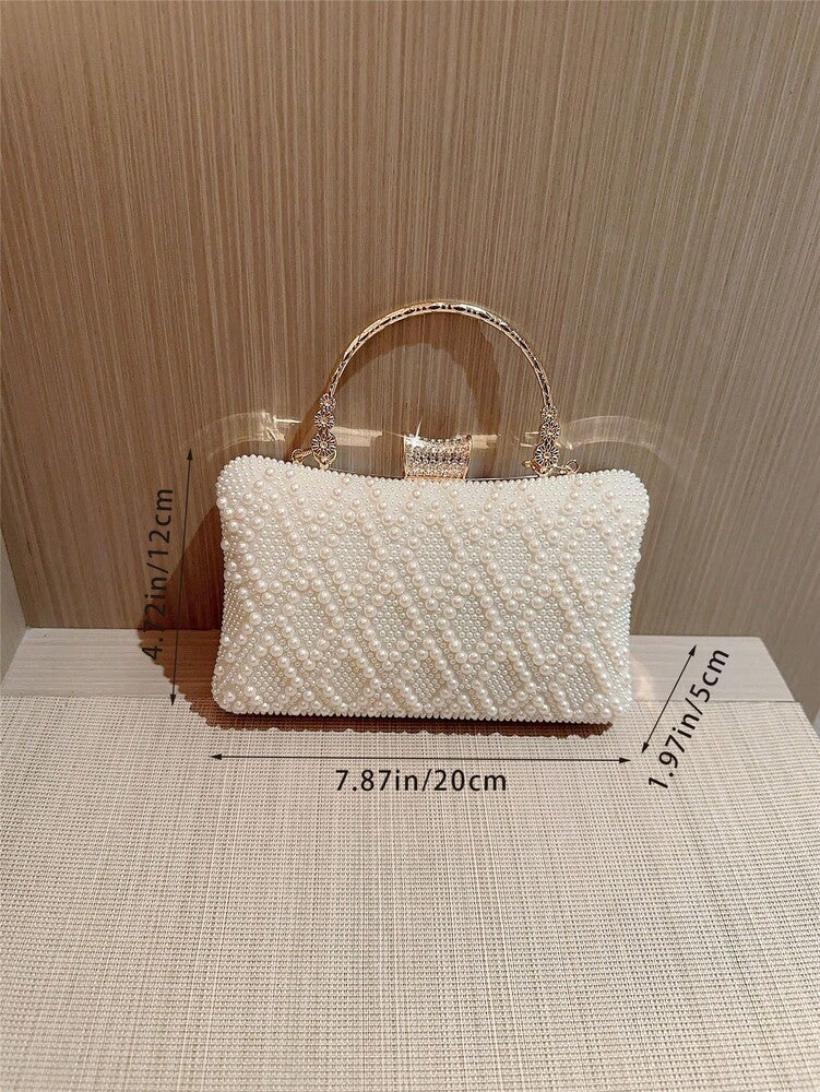 Women's Faux Pearl Box Clutch Evening Bag Romantic Wedding Bridal Dance Prom Party Bag Elegant Formal Chain Handbag For Ladies