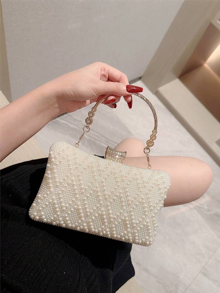 Women's Faux Pearl Box Clutch Evening Bag Romantic Wedding Bridal Dance Prom Party Bag Elegant Formal Chain Handbag For Ladies