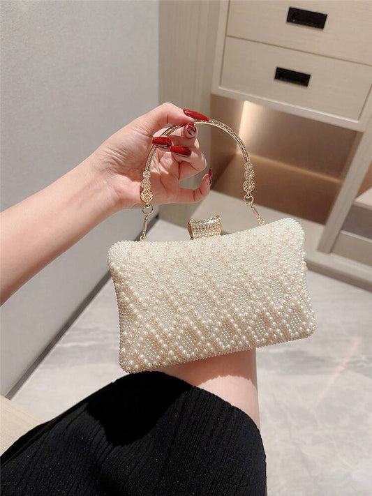 Women's Faux Pearl Box Clutch Evening Bag Romantic Wedding Bridal Dance Prom Party Bag Elegant Formal Chain Handbag For Ladies