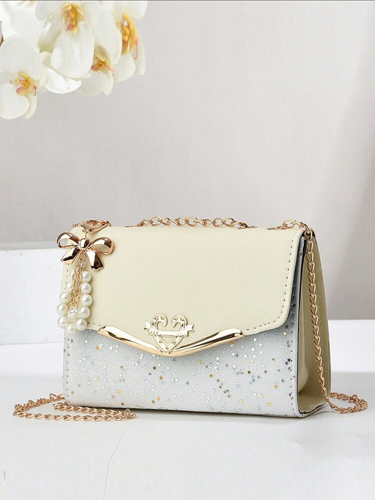 Women's Bow Faux Pearl Decor Square Bag Flap Chain PU Student Mini Crossbody Shoulder Bag Elegant Fashion Gift For Mom Girls